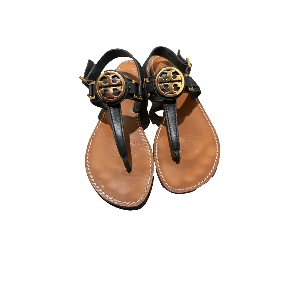 Tory Burch emmy  T-Strap Leather sandals black 6 flats Gold medallion logo shoes